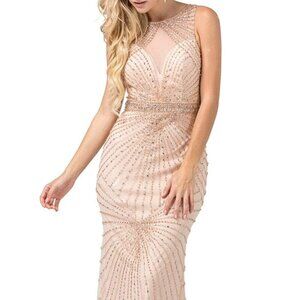NWT Dancing Queen 2615 Beaded Sheer Overlay Prom Dress Gold Size L
